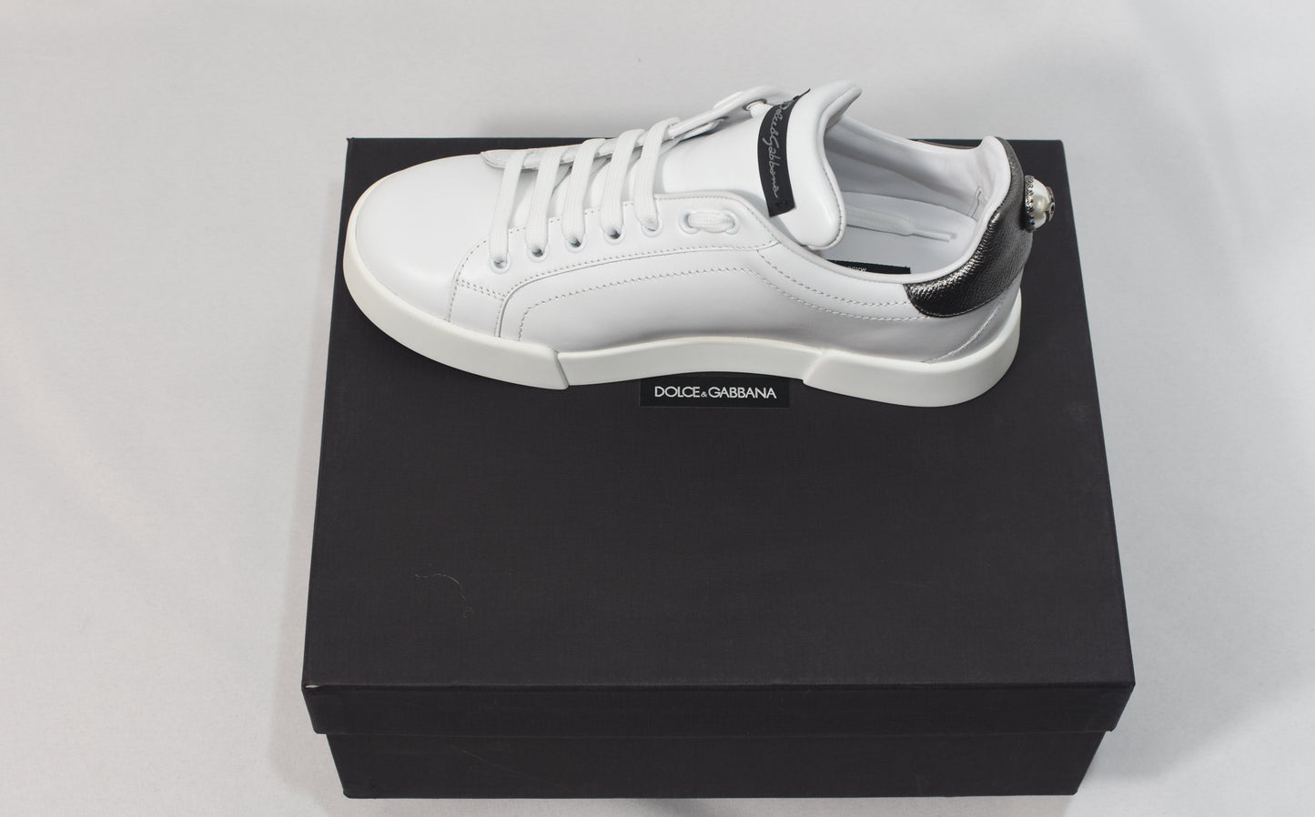 DOLCE & GABBANA Faux Pearl-embellished Leather Sneakers
