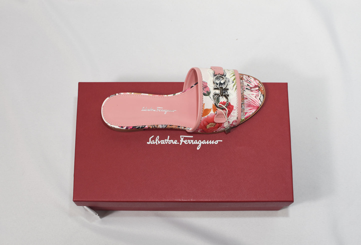 SALVATORE FERRAGAMO Rhodes Gancini Logo-embellished Floral-print Leather Slides