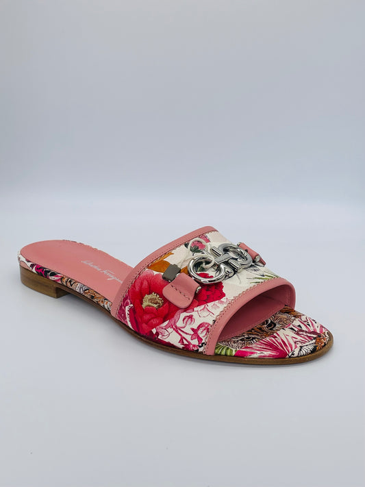 SALVATORE FERRAGAMO Rhodes Gancini Logo-embellished Floral-print Leather Slides