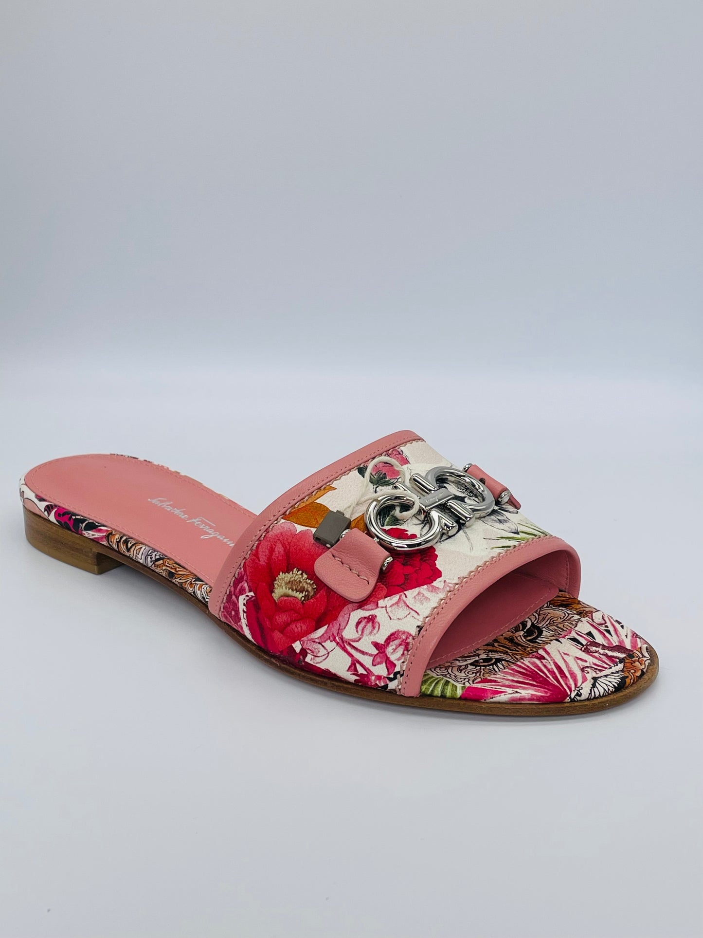 SALVATORE FERRAGAMO Rhodes Gancini Logo-embellished Floral-print Leather Slides
