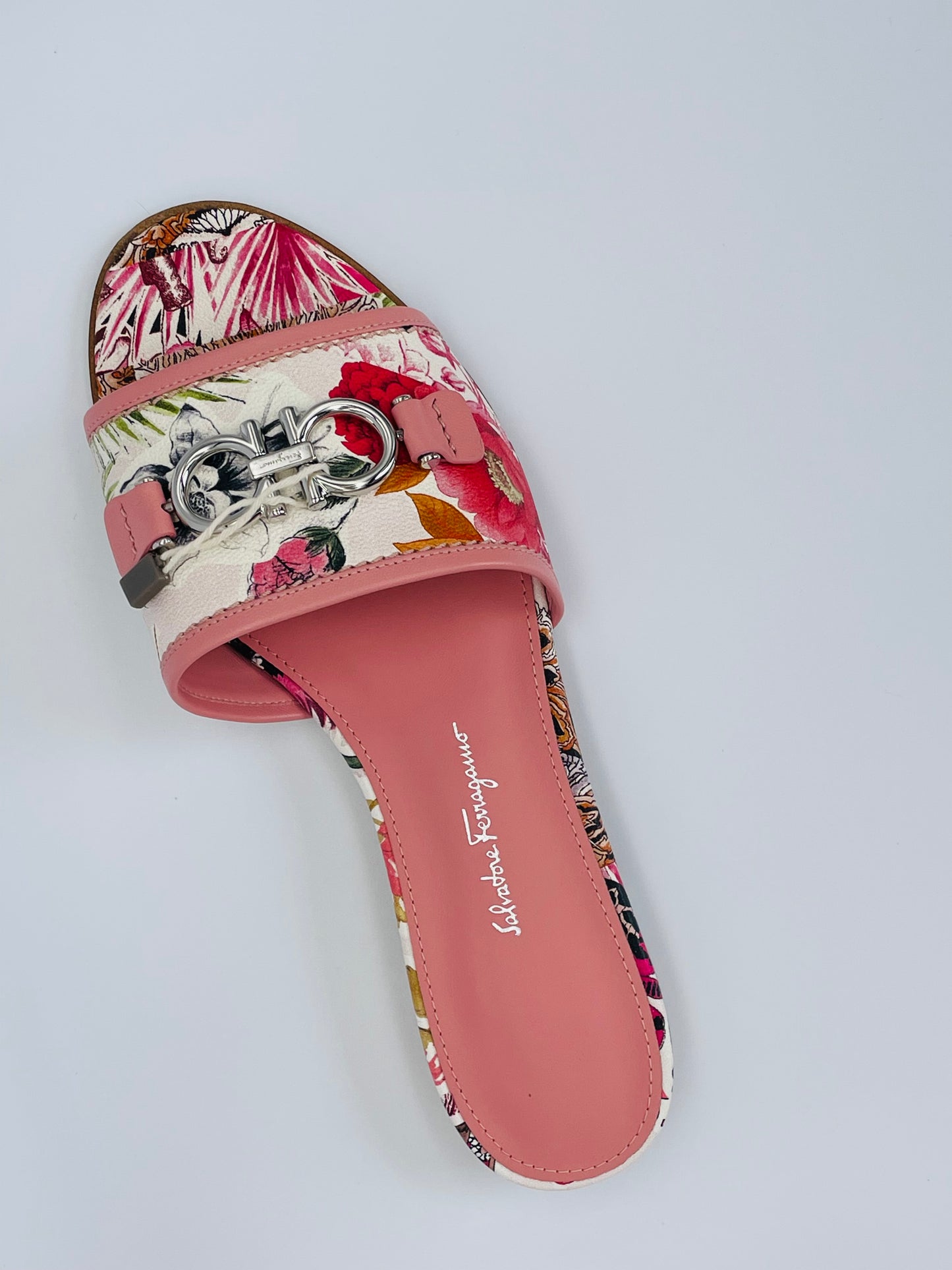 SALVATORE FERRAGAMO Rhodes Gancini Logo-embellished Floral-print Leather Slides