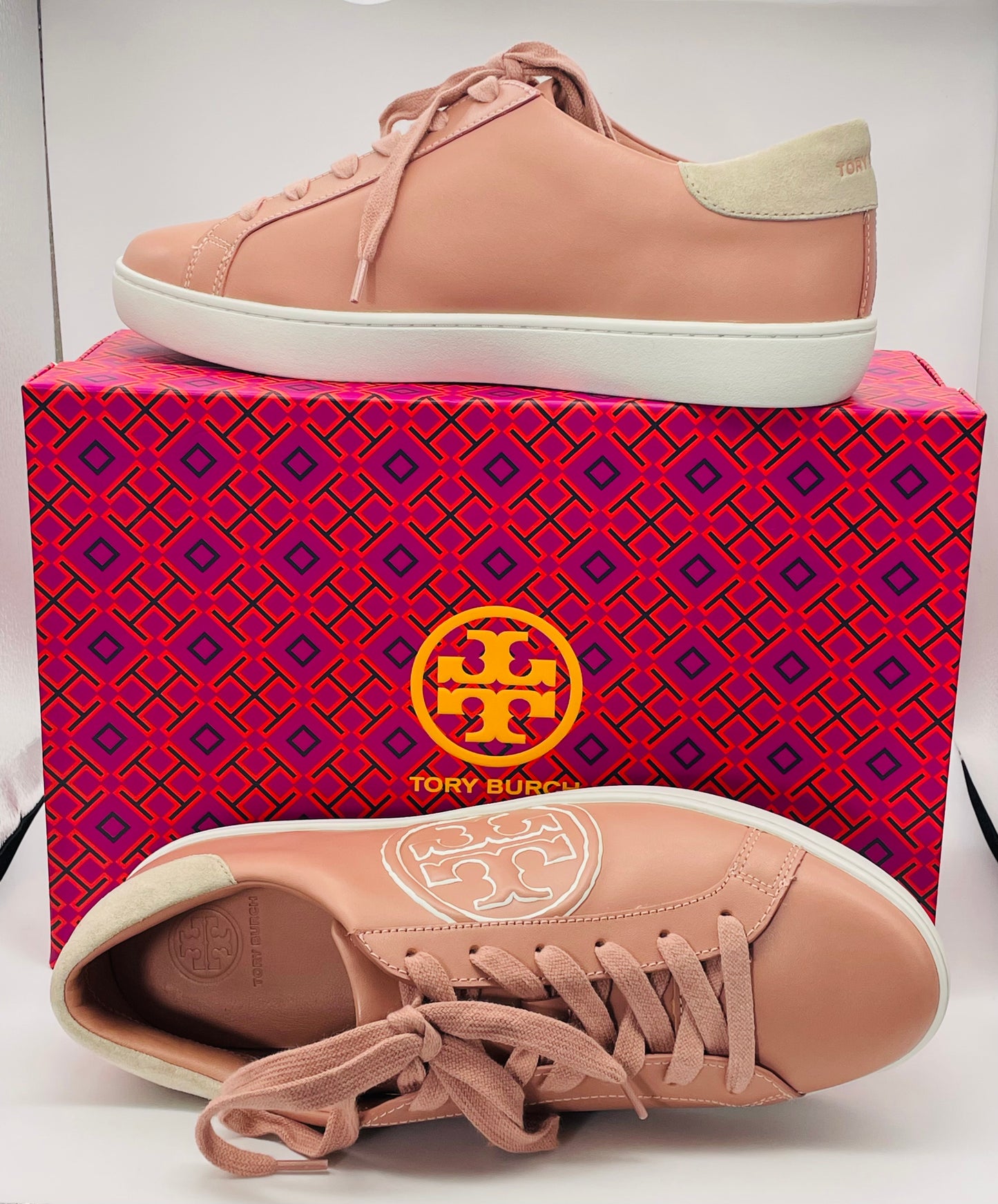 NWT Tory Burch T-Logo Pink Moon Leather Suede Sneaker