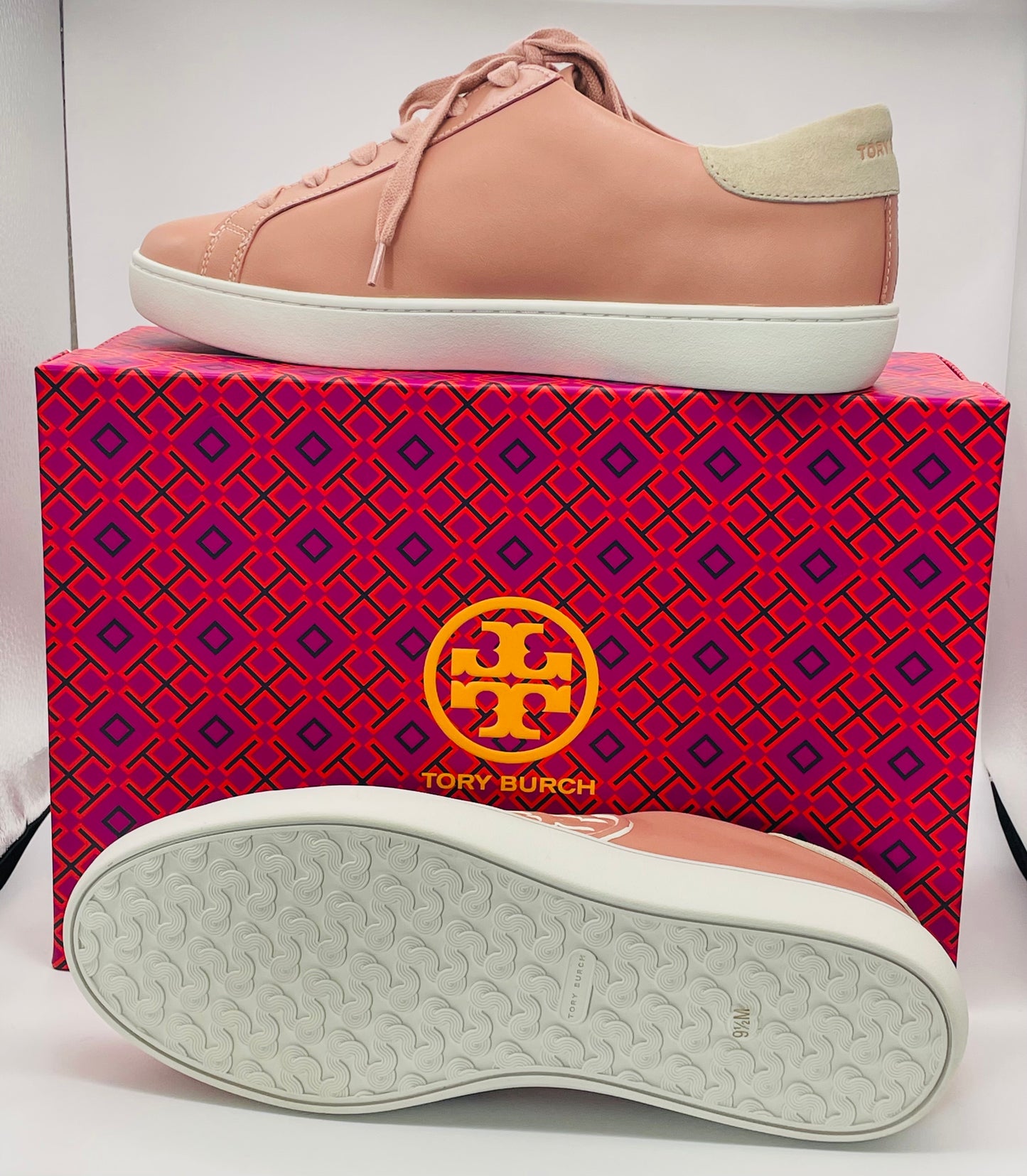 NWT Tory Burch T-Logo Pink Moon Leather Suede Sneaker