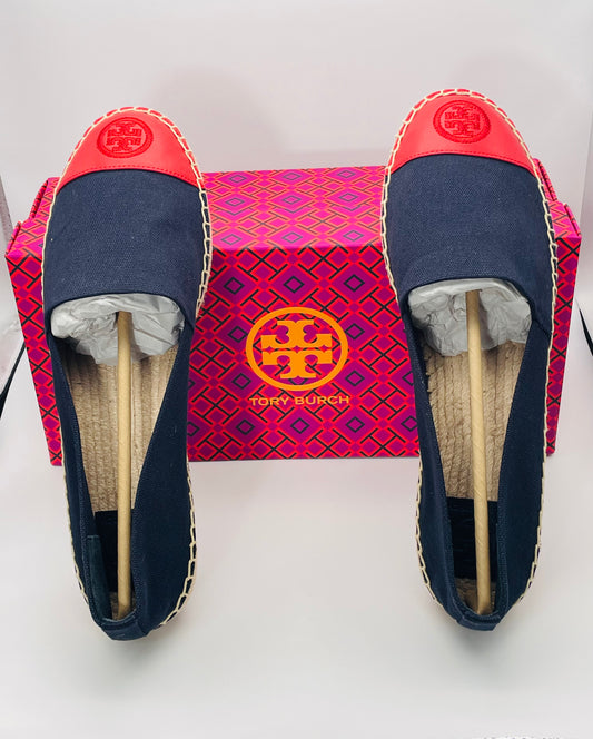 NWT Tory Burch Recycled Canvas Leather Navy Red Color Block Espadrille Shoes