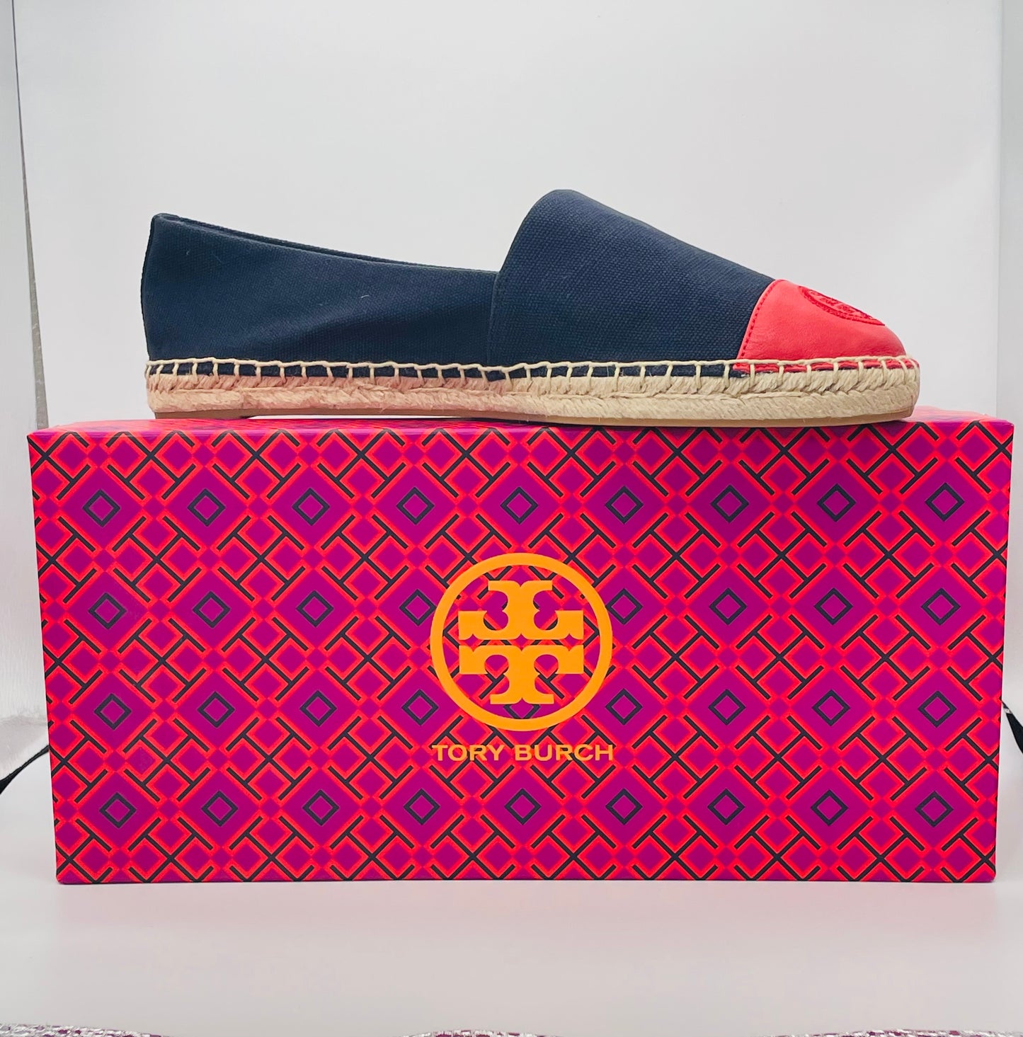 NWT Tory Burch Recycled Canvas Leather Navy Red Color Block Espadrille Shoes