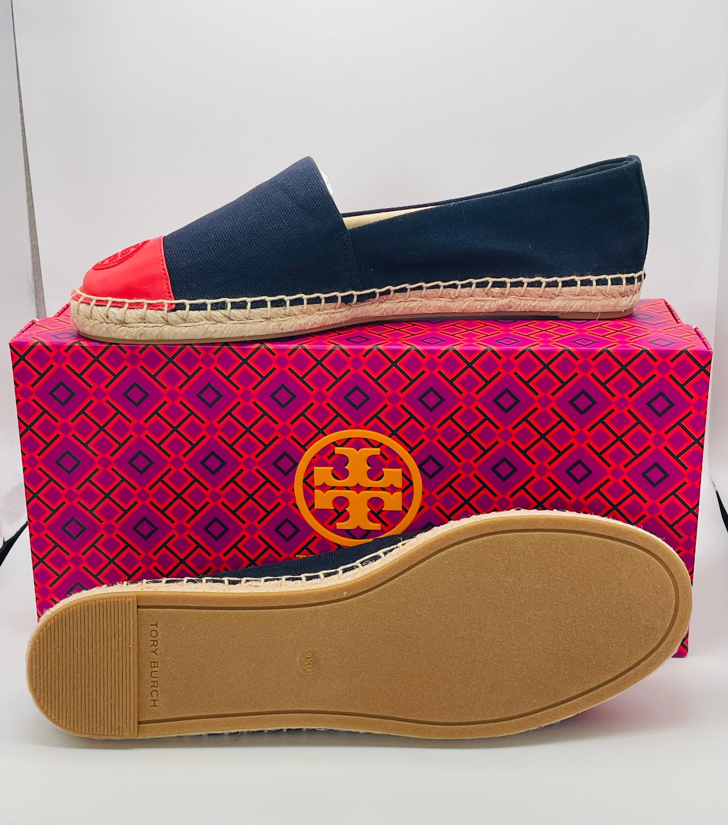 NWT Tory Burch Recycled Canvas Leather Navy Red Color Block Espadrille Shoes